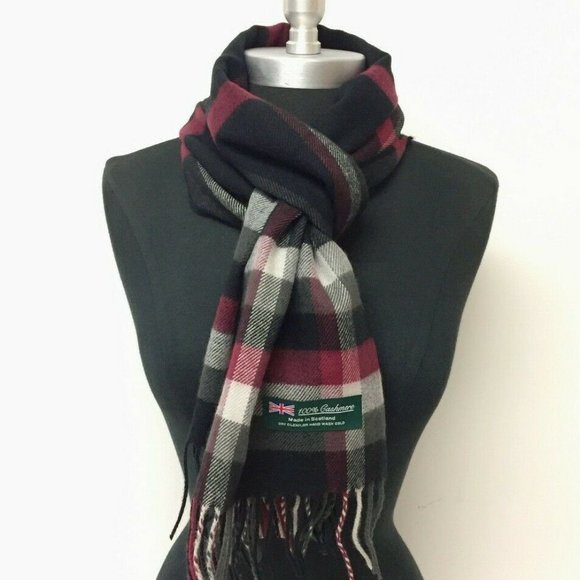 Mens 100% CASHMERE SCARF Plaid Black/Wine/Gray - Picture 2 of 4
